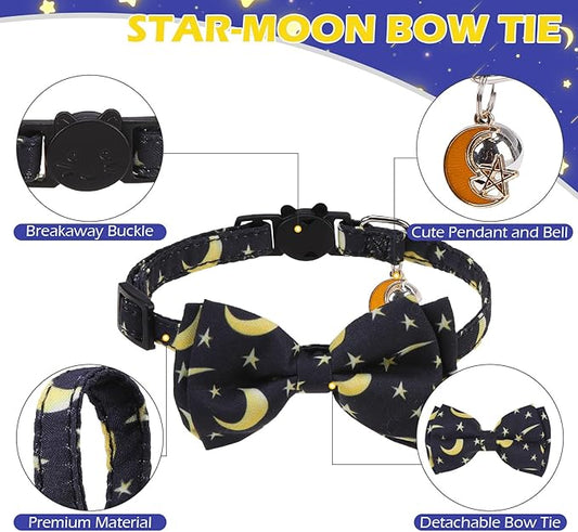 EXPAWLORER Cute Cat Collar Breakaway with Bells - 2 Pack Adjustable Pet Collar with Removable Bow Tie and Bandana, Safety Buckle for Girl Boy Cats Kitten, Star-Moon