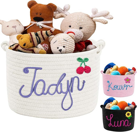 Personalized Dog Toy Storage Basket Custom Cotton Woven Bin with Pet's Name Rope Storage Organizer for Dog's Toys Clothing Blankets