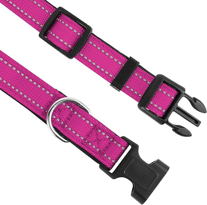Reflective Dog Collar, Adjustable Soft Neoprene Padded Nylon Pet Collars with Buckle for Medium Dogs, Rose Red,M