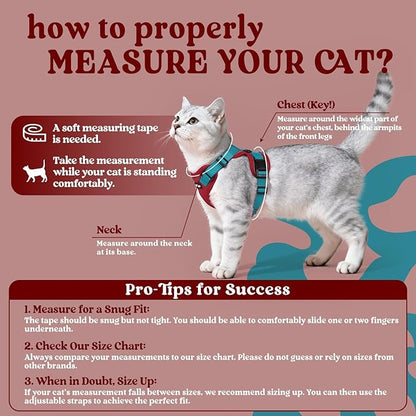 rabbitgoo Cat Harness and Leash for Walking, Escape Proof Soft Adjustable Vest Harnesses for Cats, Easy Control Breathable Reflective Strips Jacket, Red & Teal, S