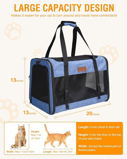 PETUX Large Pet Carrier for Large Cats ＆ Small Dogs - Up to 20Lb, Top and Side Entry, 4 Side Breathable, Foldable Soft Cat Travel Carrier with Safety Car Seat Buckle and Anti-Scratch Mesh - Blue