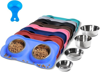 Hubulk Pet Dog Bowls 2 Stainless Steel Dog Bowl with No Spill Non-Skid Silicone Mat + Pet Food Scoop Water and Food Feeder Bowls for Feeding Small Medium Large Dogs Cats Puppies (Large, Blue)