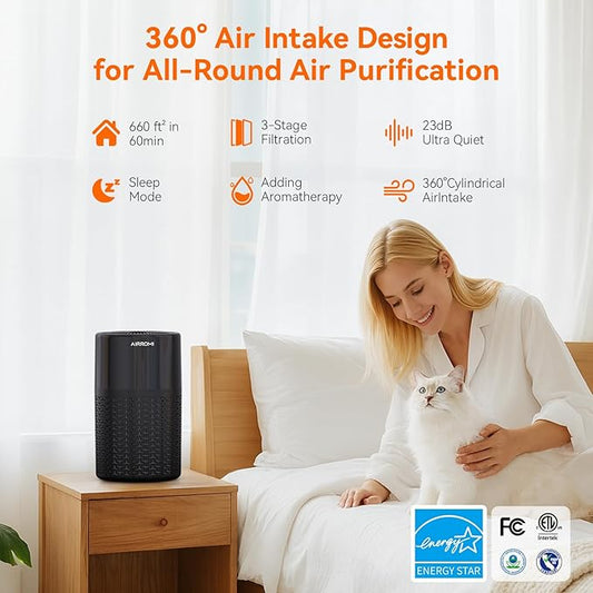 AIRROMI Pets Air Purifier for Home Allergies,Up to 660 ft².HEPA Deodorizing Activated Carbon Filter,With Fragrance Sponge for Better Sleep,Night Light,Pet Dander,Smoke,Odors,Air Cleaner A2002 Black