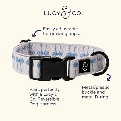 Lucy & Co. Dog Collar - Durable Lightweight Designer Collar for Pets - Adjustable Metal Safety Buckel - Medium - White with Blue Bows