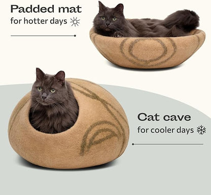 MEOWFIA Cat Cave – Premium Felt Cat Bed for Indoor Cats, Handmade Merino Wool (Beige, Medium)