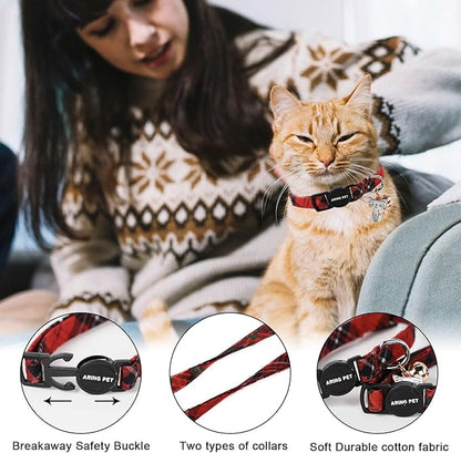 ARING PET 2 Pack Christmas Cat Collars-Cute Cat Collar Breakaway with Bell&Pendant, Adjustable Christmas Plaid Kitten Collars with Safety Buckle for Girl and Boy Cats