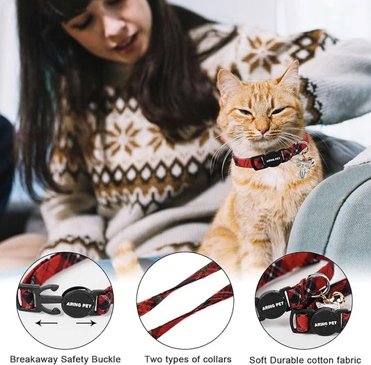 ARING PET 2 Pack Christmas Cat Collars-Cute Cat Collar Breakaway with Bell&Pendant, Adjustable Christmas Plaid Kitten Collars with Safety Buckle for Girl and Boy Cats