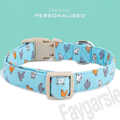 Faygarsle Funny Chicken Pattern Dog Collar, Cotton Fabric, Light Blue with Farm Animal Print for Small Medium Large Dogs M