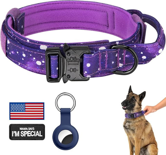 DAGANXI Tactical Dog Collar, Adjustable Military Training Nylon Dog Collar with Control Handle and Heavy Metal Buckle for Medium and Large Dogs, with Patches and Airtags Case (L, Purple Sky)