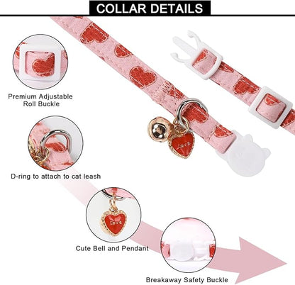 Lionet Paws 2pcs Pack Valentine's Day Cotton Cat Collar,Breakaway Buckle with Pink Red Heart Cute Adjustable Cat Kitten Collar,Ideal for Girl Cats