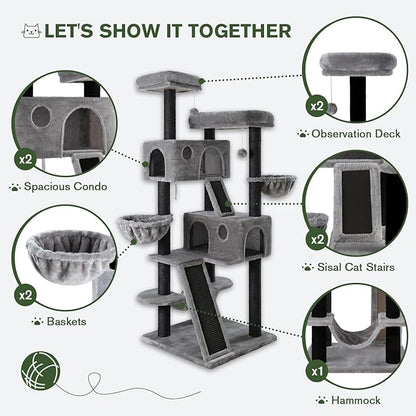 MUTICOR 66 Inches Multi-Level Large Cat Tree Tower for Indoor Big Feline/Cozy Plush Perches/Condo/Sisal Scratching Posts/Hammock and Baskets/Activity Center Play House/Wide Base/Black & Grey
