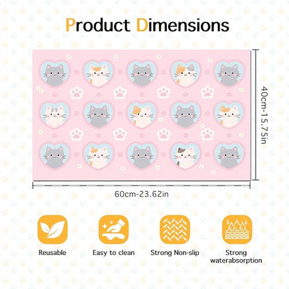 Cat Feeding Mat 24x16 inch Pink Heart Kitten Print Pet Bowl Placemat Non Slip Floor Mat for Food and Water Indoor Kitty Feeding Station Cute Meal Pad for Small Pets Kitchen Use
