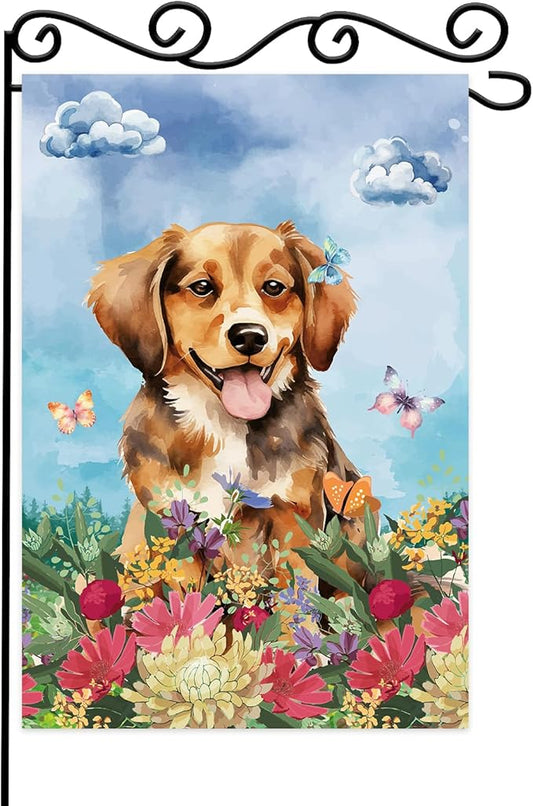 Dog Welcome Garden Flag Welcome Happy Butterfly Dog Animals Outdoor Garden,Flag Welcome Spring Summer Garden Flag,Flower House Seasonal Decoration -12 x 18"Inch Double Sided