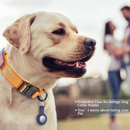 DAGANXI Tactical Dog Collar, Adjustable Military Training Nylon Dog Collar with Control Handle and Heavy Metal Buckle for Medium and Large Dogs, with Patches and Airtags Case (Orange-Set, XL)