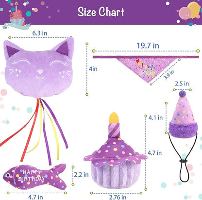 BINGPET Cat Birthday Catnip Toys for Indoor Cats, 5 Pcs Cat Birthday Gift Kitten Interactive Toys for Boy Girl Cats, Soft Plush Catmint Kitty Chew Kick Toy, Hat, Bandana, Balloon, Cake, Fish, Purple