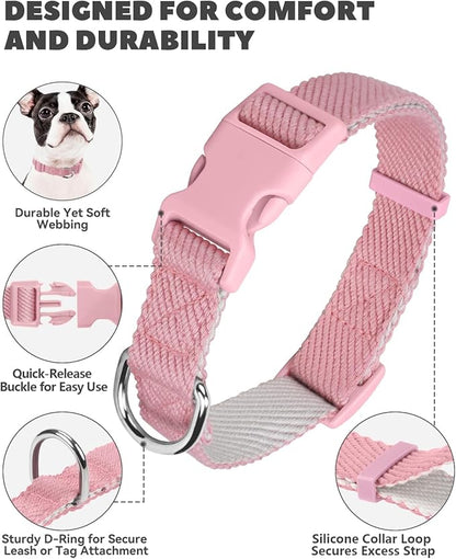 Dynmeow Soft and Breathable Cotton Dog Collar, Durable Adjustable Heavy-Duty Female Girl Pet Collar with Quick-Release Buckle, Lightweight for Sensitive Skin for Medium and Large Dogs, Pink, M