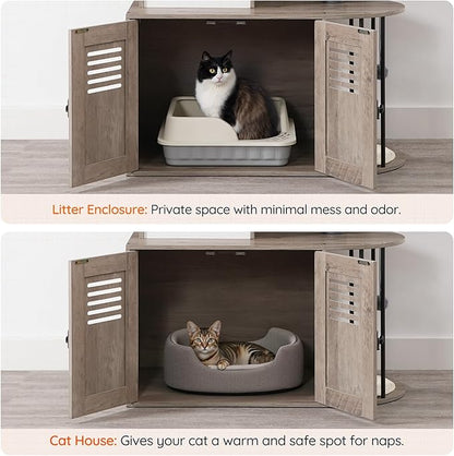 HOOBRO Cat Tree with Litter Box Enclosure, Arched All-in-One 31.5" Cat Tower with Hidden Litter Box Furniture for Indoor Cats, Versatile Cat Condo with Sisal Posts, Hammock, Greige and Gray BG45MZ03