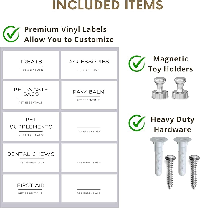 Dog Treat Holder For Wall Storage For Pets, Premium Pet Wall Organizer, Includes One 32oz Airtight Dog Treat Jar, 2 Sets of Triple Hooks, Sturdy Shelf in Designer White