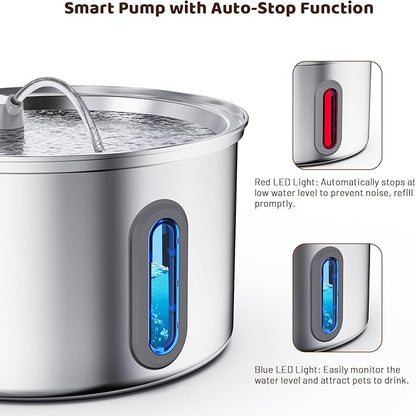 Cat Water Fountain Stainless Steel, 3.2L Cat Fountains for Drinking with Smart Quiet Pump and Water Level Window, Easy-to-Clean Automatic Pet Water Dispenser for Indoor Use, 2 Filters