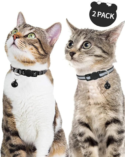Taglory Reflective Cat Collar Breakaway with Bells, 2 Pack Girl Boy Pet Cat Collar Adjustable 7.5-12.5 Inch, Black