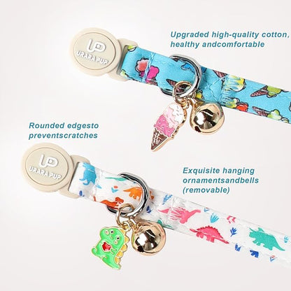 Cat Collar, 2Pack Summer Kitten Collars-Breakaway Kitty Collars-Cute Dinosaur and Icecream Pendants,Cat Collar with Bell, for Girl & Boy Cats
