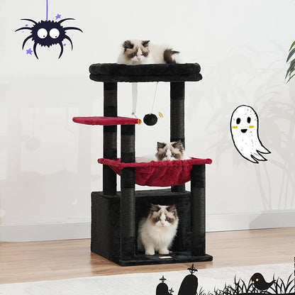 Heybly Cat Tree, Kitten Tower with Large Soft Cat Basket, Cat Condo with Spacious Cat Bed Cave with Hidden Space, Sisal-Covered Scratching Posts, Dangling Ball for Indoor Cats, Black and Red HCT008SBR