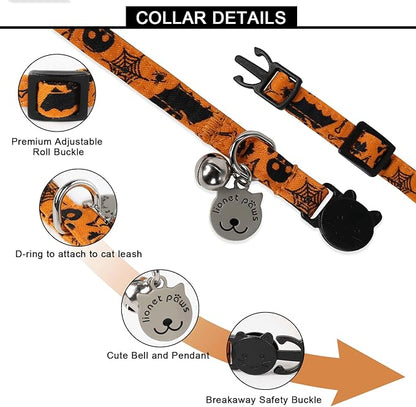 Lionet Paws 2pcs Pack Cotton Cat Collar,Breakaway Buckle with Halloween and Brand Pendant Cute Adjustable Cat Kitten Collar,Ideal for Girl Cats