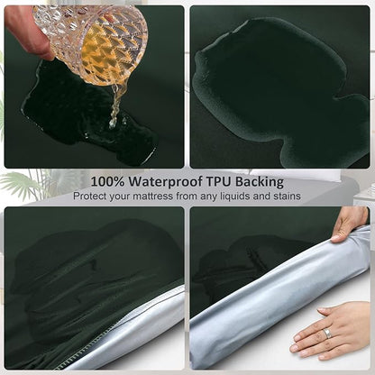 Queen Mattress Protector Waterproof, Fitted Sheet Style Breathable Mattress Cover with Deep Pocket Fits Up to 18'', Noiseless Bed Cover for Kids Adults Pets, Machine Washable (Green, 60'' X 80'')