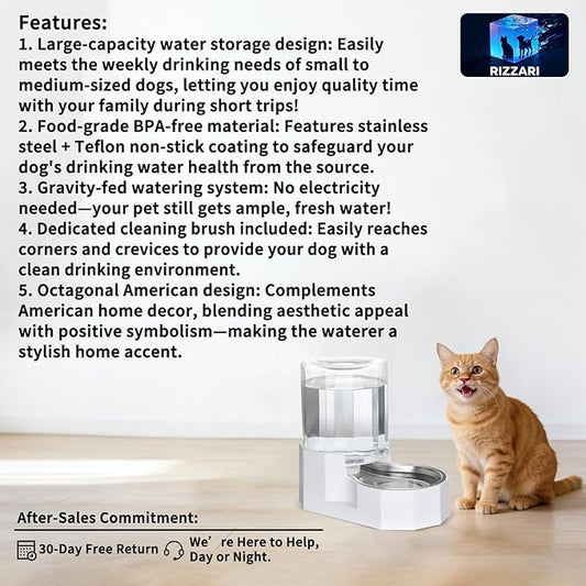 Sfozstra Large Dog Water Dispenser: 4L Stainless Steel Gravity Cat Water Feeder - Quiet Refill - No Power Needed - for Kittens & Cats - Bedroom/Kitchen Corner/Crate Area