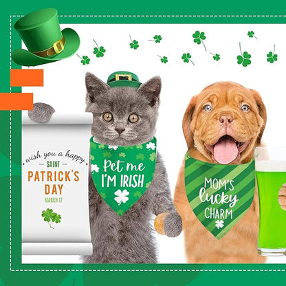 St Patrick's Day Dog Bandanas - Lucky Shamrock Puppy Scarf - 2 Pcs Adjustable Triangle Double-Layer Reversible Pet Bandanas for Small Medium Large Dogs