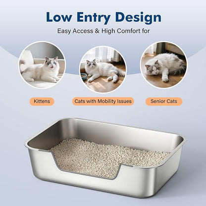 Stainless Steel Cat Litter Box with Low Entry, Metal Kitty Litter Box for Senior or Injured Cats, Odor-Free, Non-Stick, Easy to Clean, 17.5"x13.6"x5.9", Litter Pan for Medium and Small Cats
