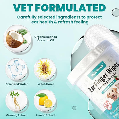 Ear Cleaner Finger Wipes 60 Counts, Dog Ear Cleaner, Grooming Kit Care for Dogs and Cats, Soft & Easy Otic Cleaning Pads, Remove Wax, Dirt & Stop Smelly, Itchy, Non-Irritating, Peach Scent
