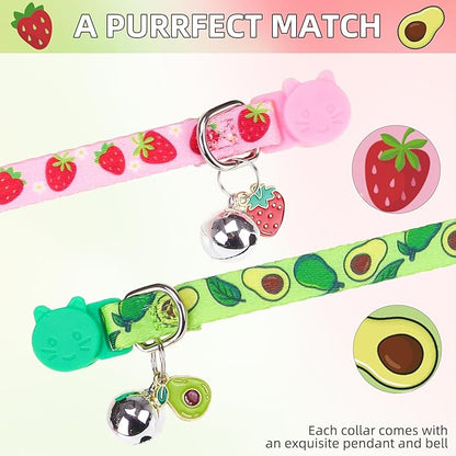 PUPTECK Breakaway Cute Cat Collar with Bell Charm, 2 Packs Adjustable Kitty Collars Fruit Pattern, Pink&Green, 7.8-11.8 in
