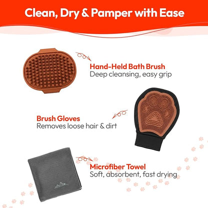 PW Pet Grooming Tools for Dogs & Cats- 3 Pack Dog Bathing Set- Safe On Skin Super-Absorbent Microfiber Towel – Soft & Gentle Brush Glove and Hand-Held Dog Bath Brush- Paw Mountain
