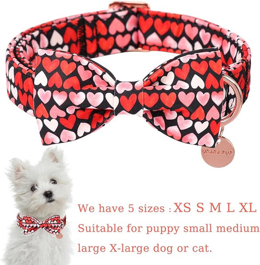 Valentine’s Day Dog Collar with Bow Tie, Red Heart Bowtie Collar with Metal Buckle, Valentine’s Day Gift Adjustable Pet Collar for Puppy Girl Boy Dog or Cat, S, Neck 10-16in