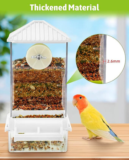 Hamiledyi Automatic Bird Feeder 2 Pcs No Mess Bird Cage Feeder Seed Food Container with Perch Transparent Parrot Cage Accessories for Parakeets, Budgies, Cockatoos, Finches, Lovebirds (White)