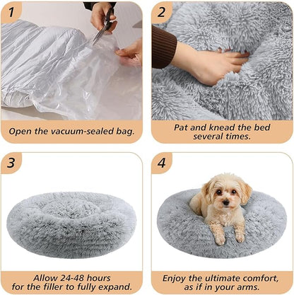 JOLLYVOGUE Calming Dog Bed Medium Size Dog, Anti-Anxiety Donut Medium Dog Bed, 31 inches Fluffy Faux Fur Cushion Bed for Dogs and Cats, Fits up to 45 lbs Pets (Smoke Grey)