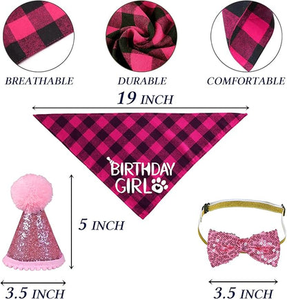 STMK Cat Birthday Decorations, Cat Birthday Hat with Numbers Bandana Bow Tie Collar for Cats Kittens Birthday Outfits (Pink)
