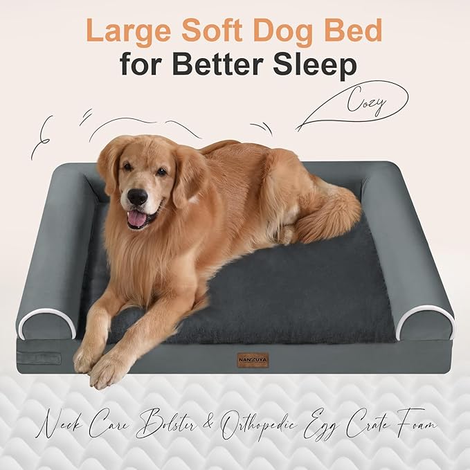 Large Dog Bed Orthopedic Washable: Jumbo Dog Bed Bolster Extra Large Dogs Egg Crate Foam Sofa Couch Waterproof Removable Cover - Dark Grey