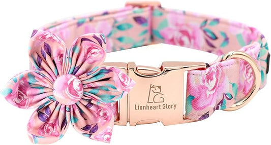 Lionheart Glory Dog Collar, Pink Dog Collar with Flower, Cute Floral Pattern Pet Collar Adjustable Dog Collar for X-Large Dogs