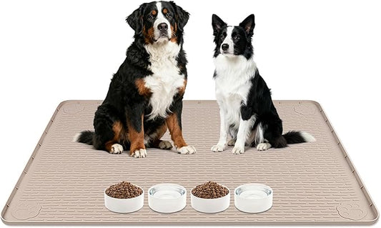 Lanstics Dog Food Mat, 40" x 28" Large Silicone Mat Dog Feeding Mat with Raised Edge Non-Slip Pet Feeding Mat for Food and Water Bowl, Easy to Clean, Floor Protection (Khaki)