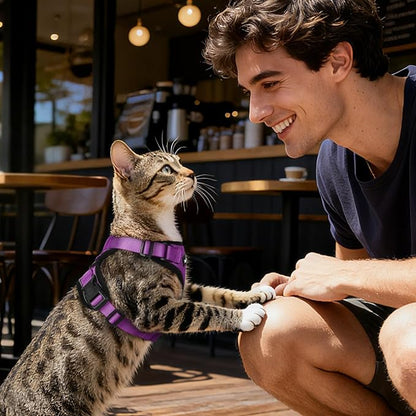 Dooradar Cat Harness and Leash Set, Escape Proof Safe Adjustable Kitten Vest Harnesses for Walking, Easy Control Soft Breathable Mesh Jacket with Reflective Strips for Cats, Purple, XS