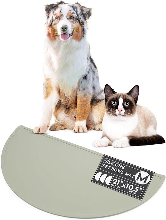 Should We Go - Waterproof Silicone Pet Food Mat - Non-Slip, Spill-Proof Feeding Mat for Floors, Raised Edge Design, Easy-to-Clean Pad for Dog & Cat Bowls, 21" Across x 10.5" Deep, Medium-Sage Green