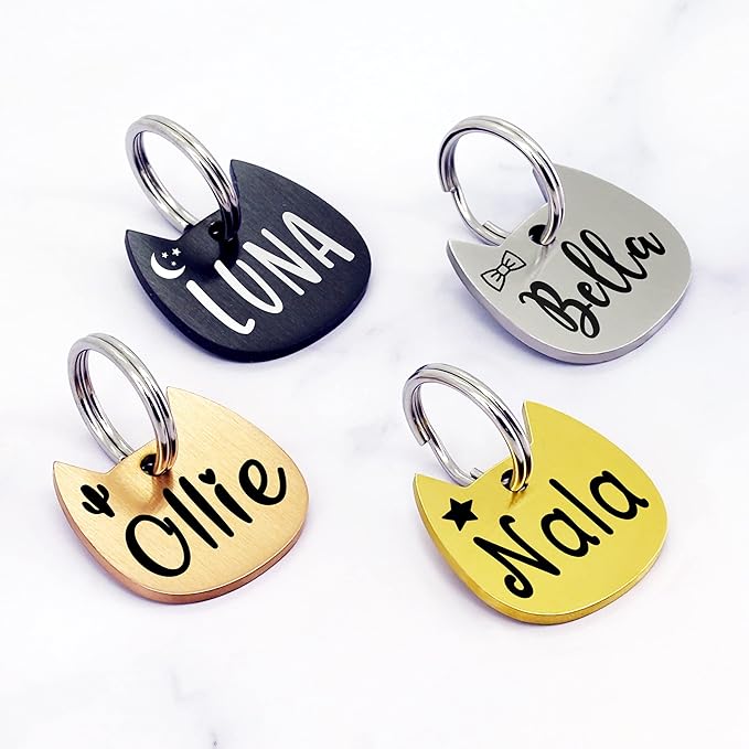 Ultra Joys Cat ID Tag Personalized Pet Tags, Durable Stainless Steel Small Pet Mini Dog Cat Tag Lightweight - Cathead Tag in Black