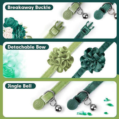 azuza 2 Pack Cat Collar Floral with Bell and Removable Flower Bowtie Breakaway Adjustable Velvet Fabric Cat Collar for Pets Festival Gift and Daily Decoration, Dark Green & Light Green