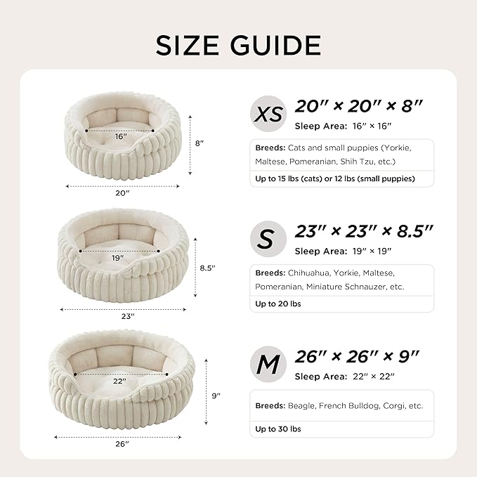 Bedsure ComfyFleece™ Small Cat Bed, Washable Round Cute Pet Beds for Indoor Cats, Super Soft Corduroy Kitten Bed with Anti-Slip Bottom, 20''x20''x8'', Cream