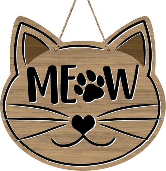 Cute Cat Meow Front Door Sign, Pet Farmhouse Wood Door Hanger Outdoor Outside Porch Decor, Paw Print Rustic Wooden Wreath Indoor Wall Hanging Decoration Cat Lover Owner Gift