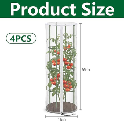 4 Pcs Garden Bird Netting for Round Plant Cage, 59" x 18" Tomato Cage Garden Net Cover with Zipper, Tomato Trellis Insect Bird Barrier Protection Mesh for Vertical Climbing Plants Vegetables Fruits