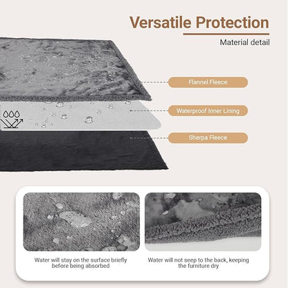 Waterproof Dog Blanket for Large Dogs - Reversible Washable Pet Blanket, Soft Sherpa Fleece Furniture Protector, Cat Throw Bed Couch, Grey, 60"x80"