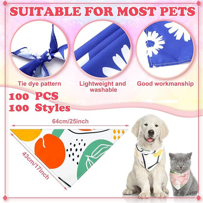 100 Pcs Boho Dog Bandanas Bulk Pet Bibs Colorful Triangle Scarf Boho Pet Bandanas for Medium Large Dogs Spring Summer Birthday Costume Decoration